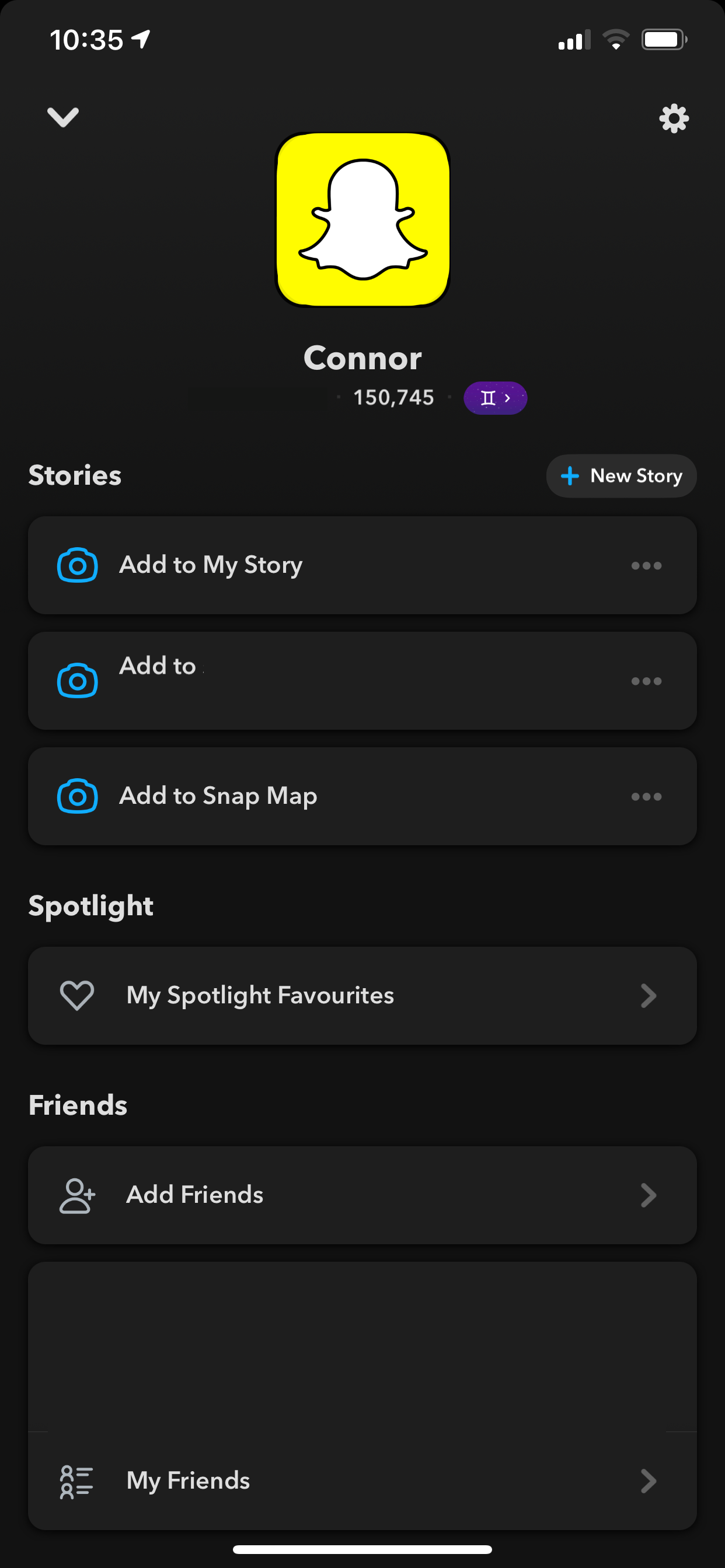 Screenshot of the Snapchat menu in dark mode