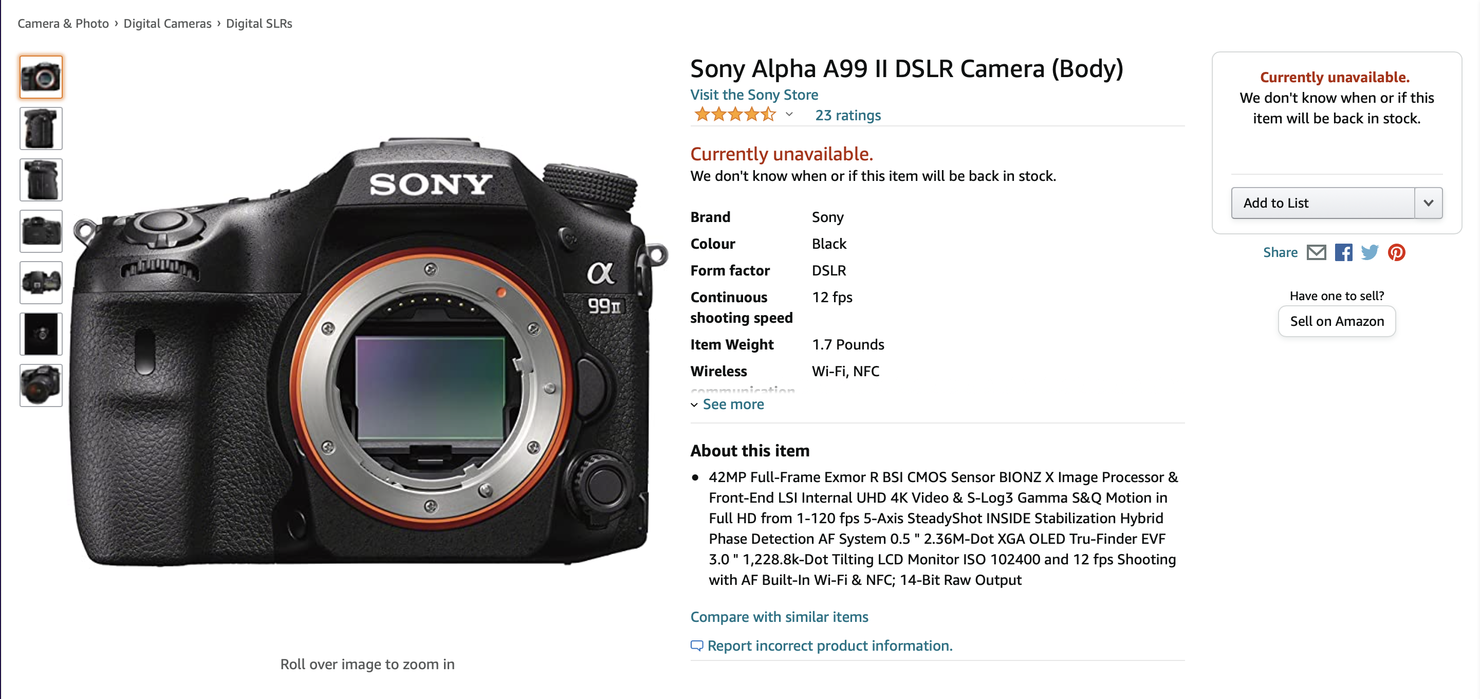 Screenshot of listings for Sony's A99 II DSLR camera being unavailable for purchase