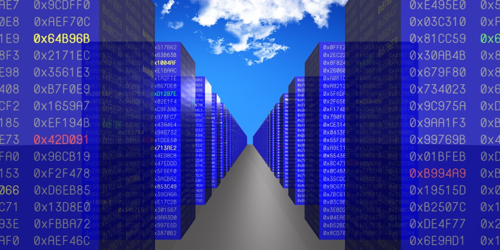 Image depicting servers in a cloud background.