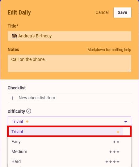 A Habitica event with the "Trivial" difficulty setting highlighted