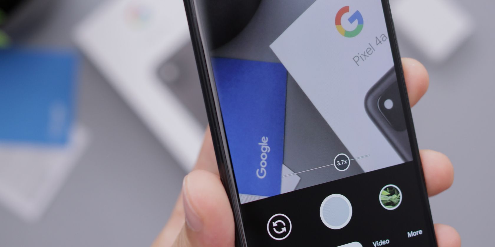 Close-up of a Pixel phone using the camera to take photos for Google Photos