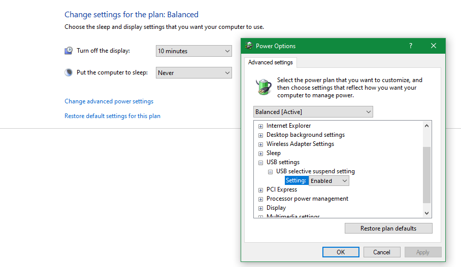 Windows 10 USB Suspend Power Options