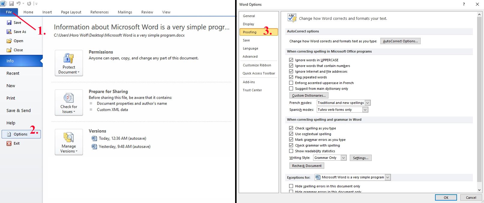 Word Proofreading Options