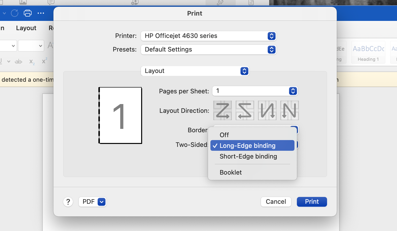 Word print menu layout binding options - Come stampare fronte-retro su un Mac