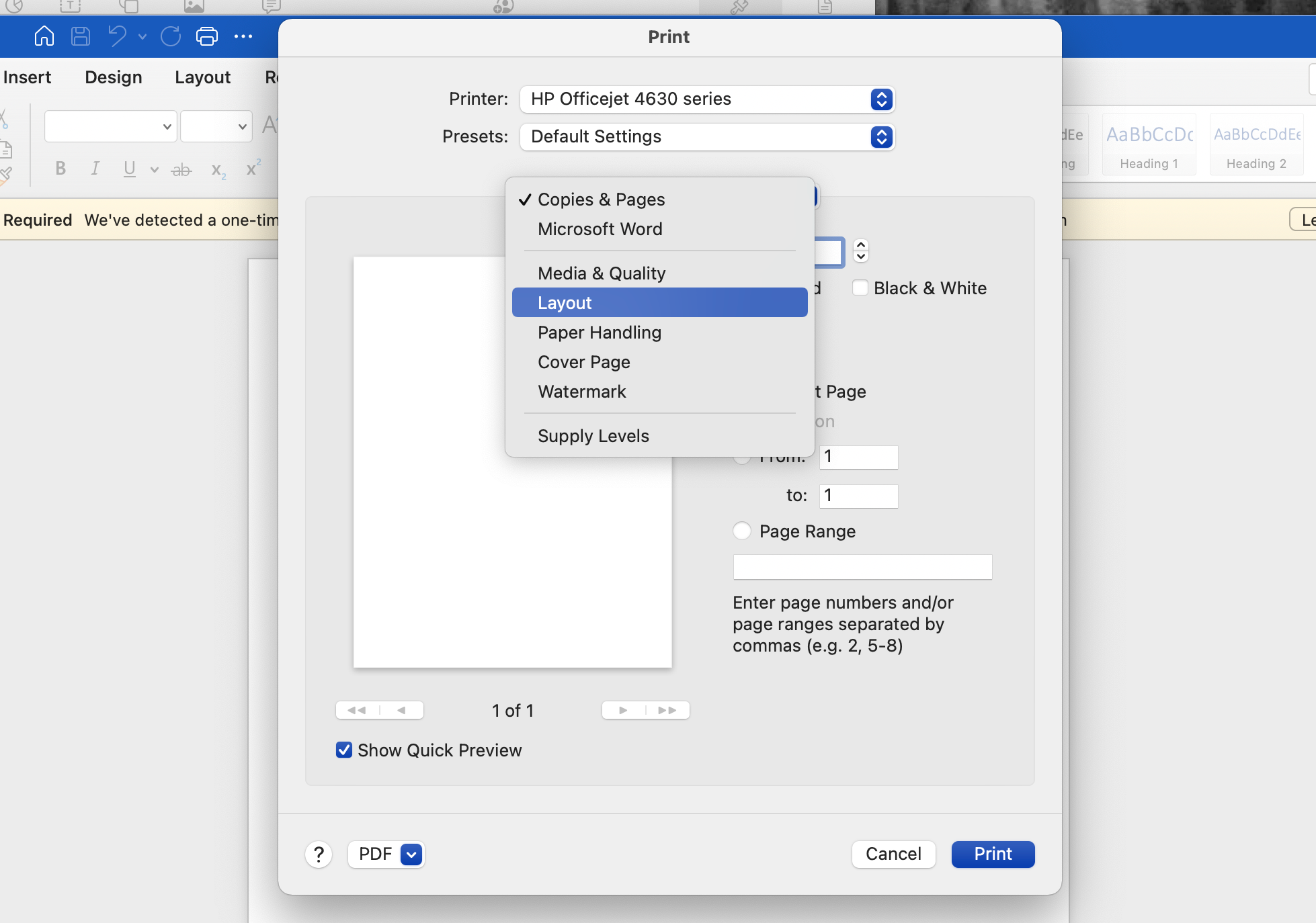Word print menu on Mac selecting layout - Come stampare fronte-retro su un Mac