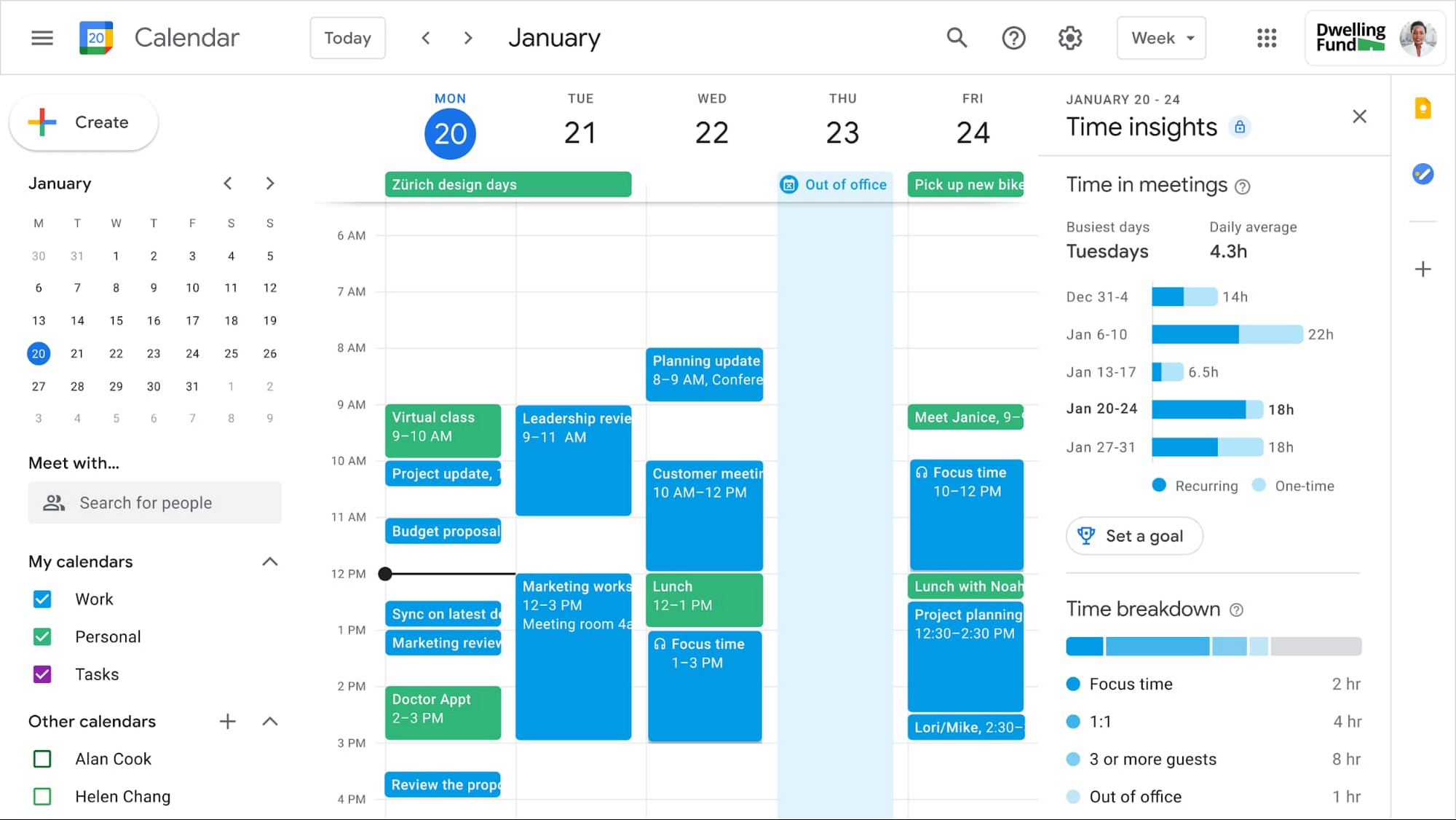 Google Workspace calendar showing workers' time insights