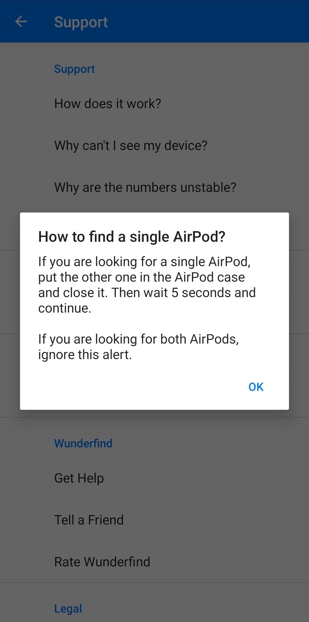 Wunderfind app showing instructions for finding an AirPod