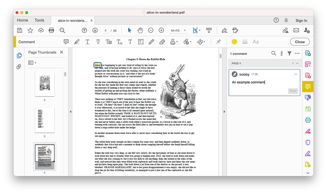 A screenshot of Adobe's Acrobat Reader on macOS showing a PDF, page thumbnails, and commenting
