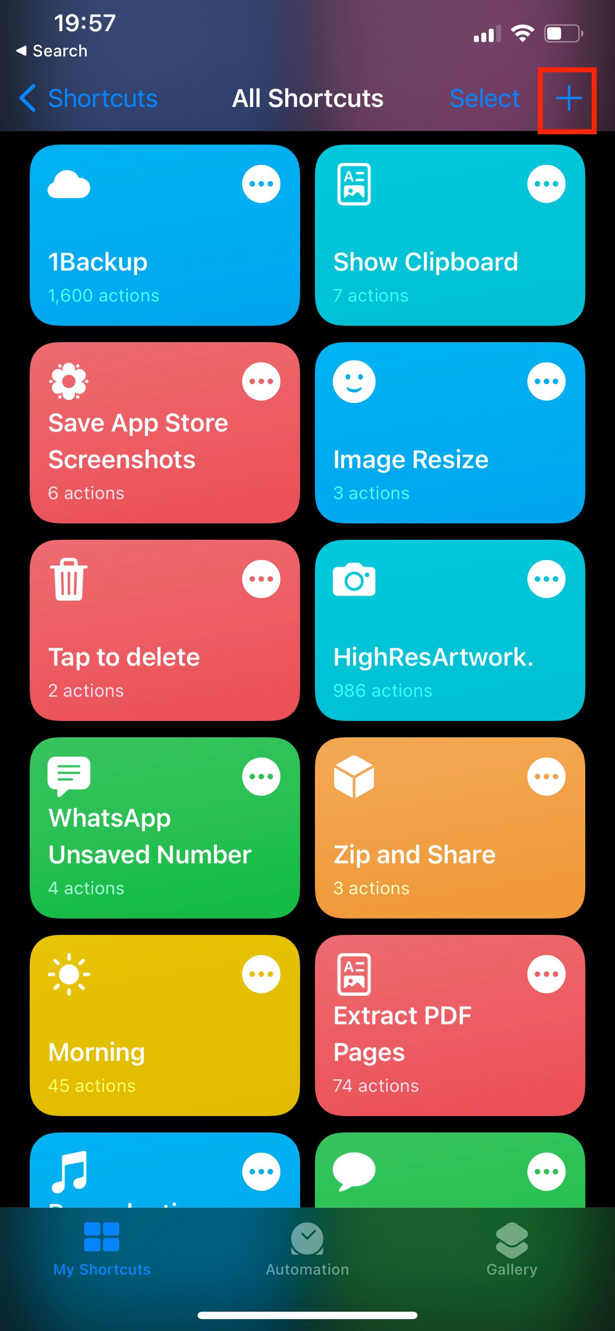 List of shortcuts in iPhone Shortcuts app