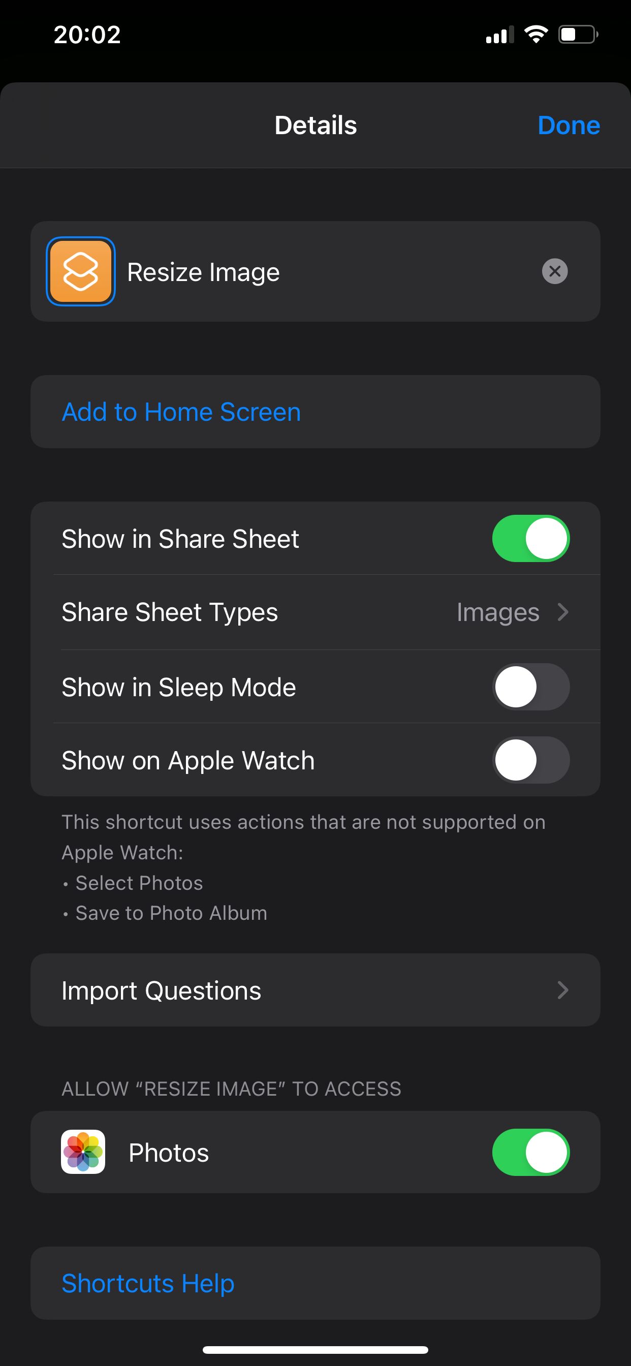 Shortcut settings showing the options to rename the shortcut and add it to the share sheet on iPhone