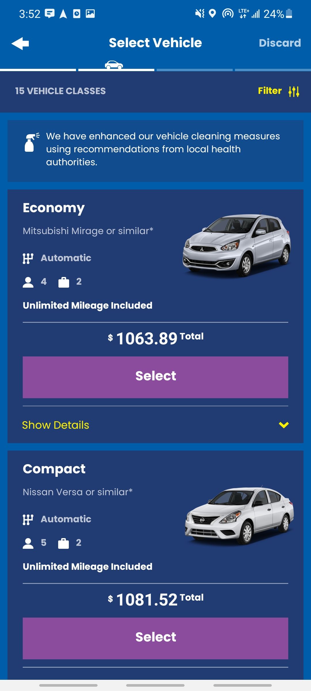 alamo app selecting your vehicle