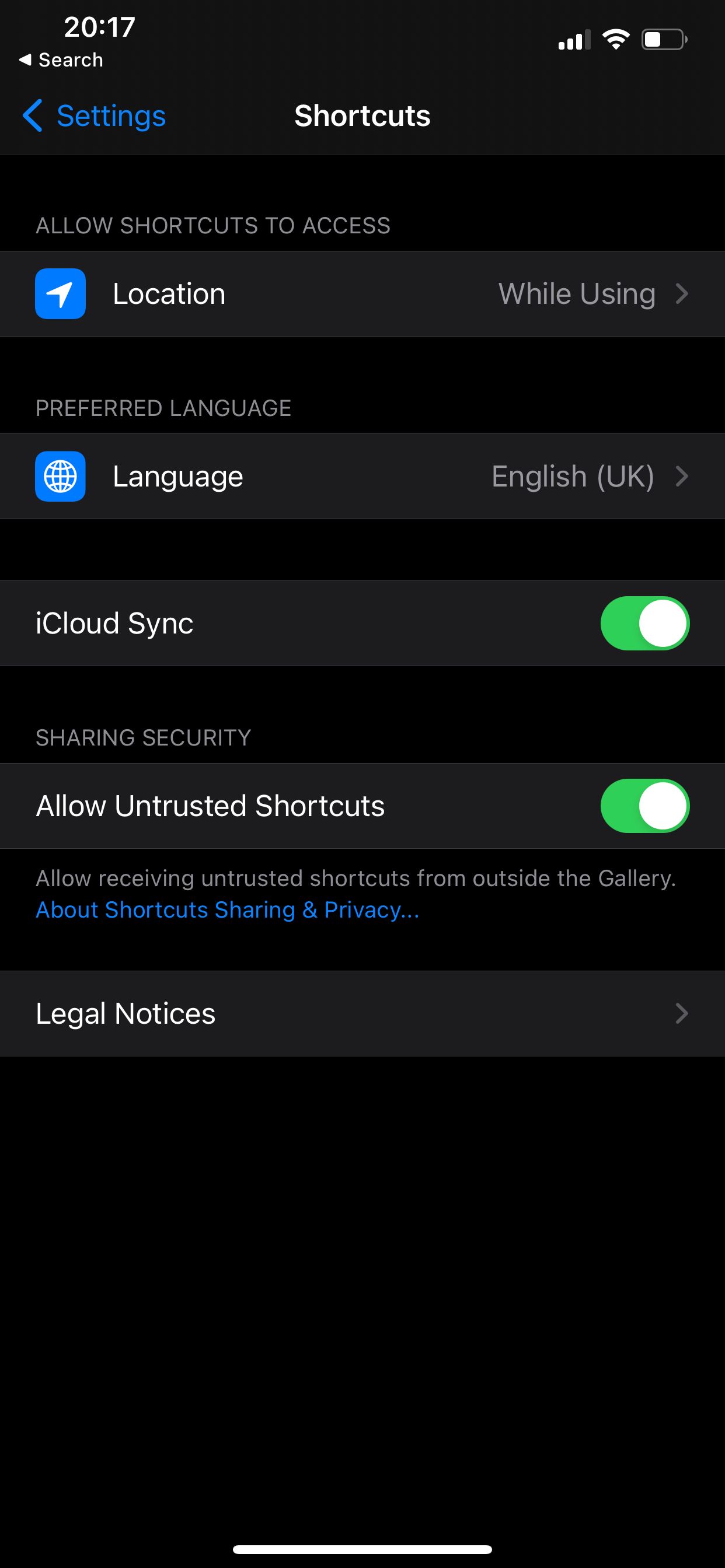 Shortcuts settings on iPhone showing the option to allow untrusted shortcuts
