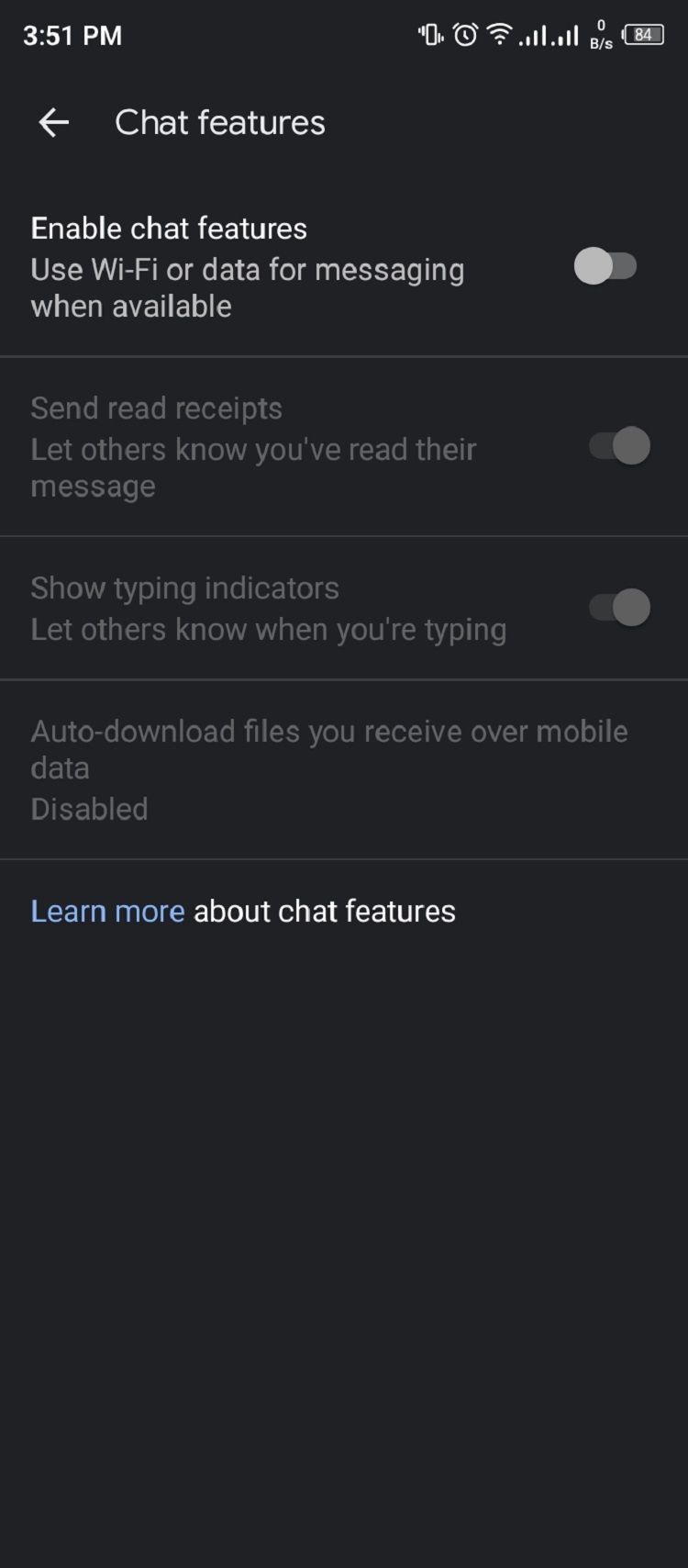 Chat features toggle in Android messages app