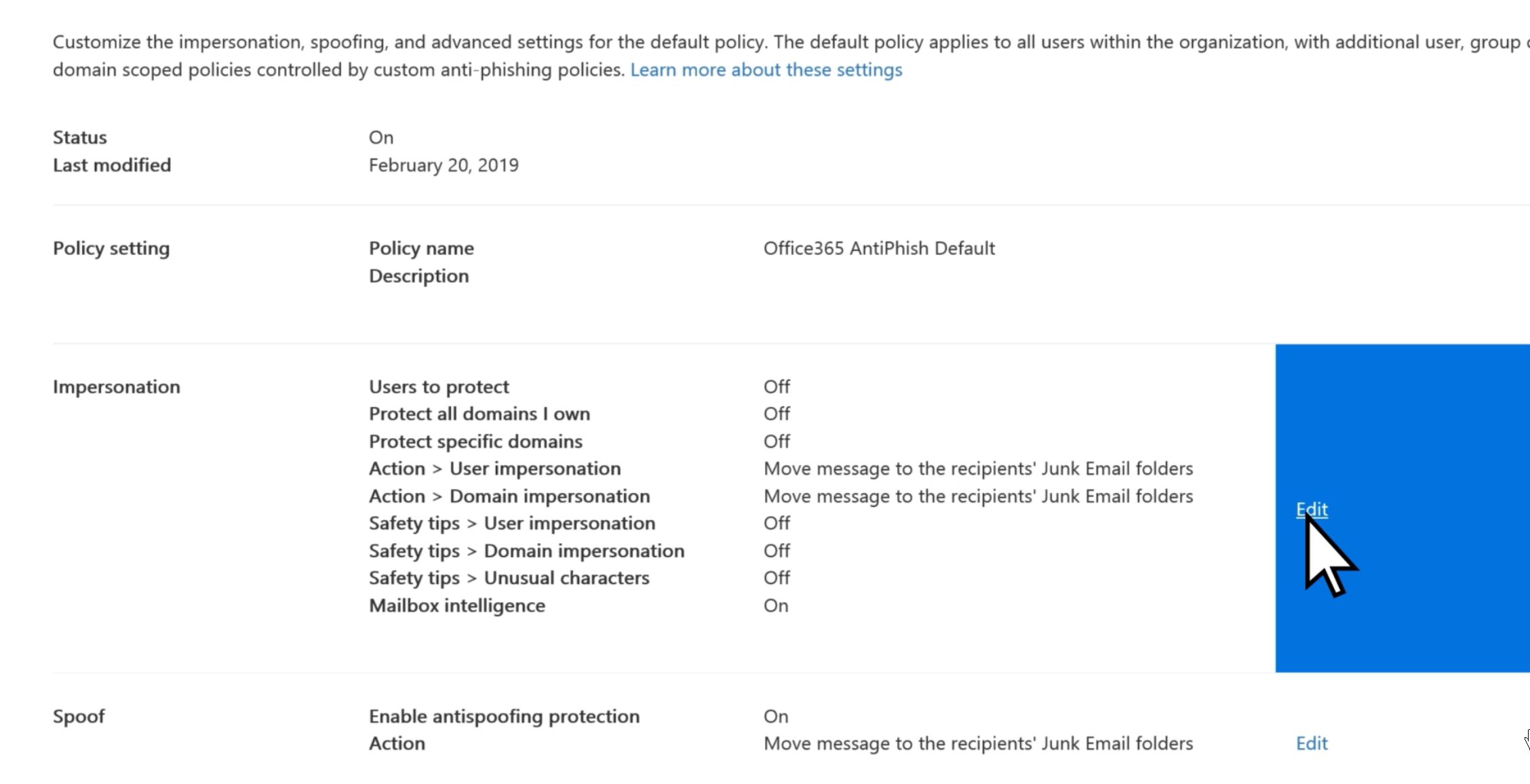 Anti-phishing setting in Microsoft 365