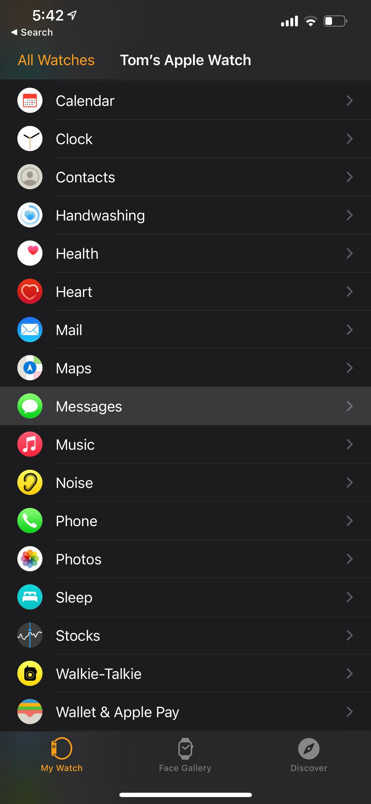 Apple Watch settings list