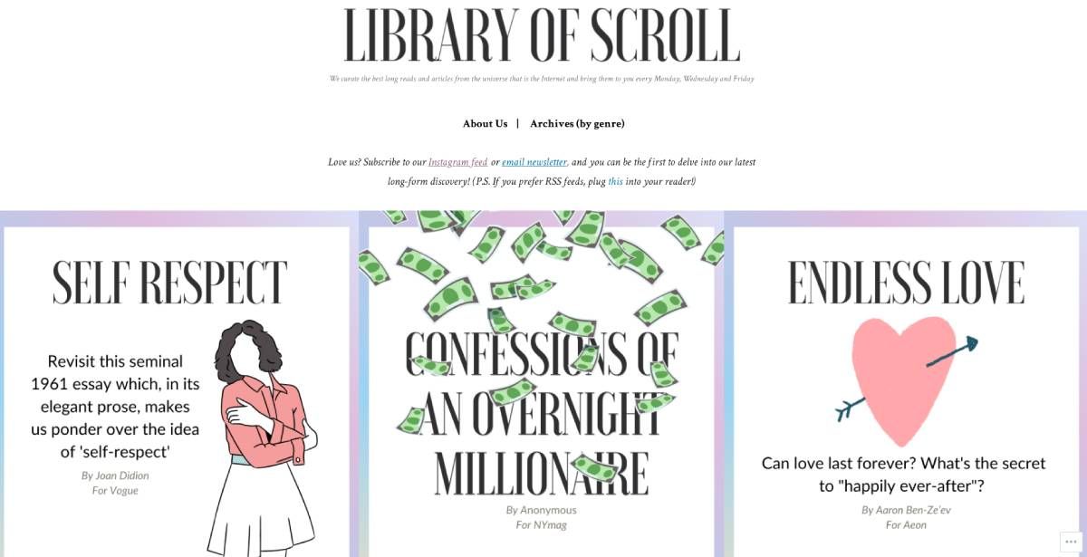 Library of Scroll keeps things simple with three articles to read every week