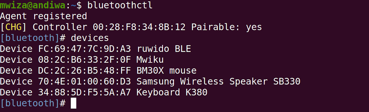 interactive mode of bluetoothctl command in linux