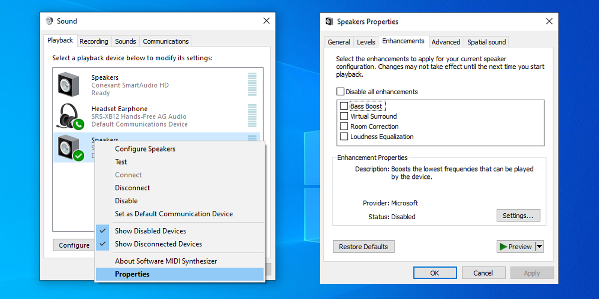 Speakers settings in Windows 10