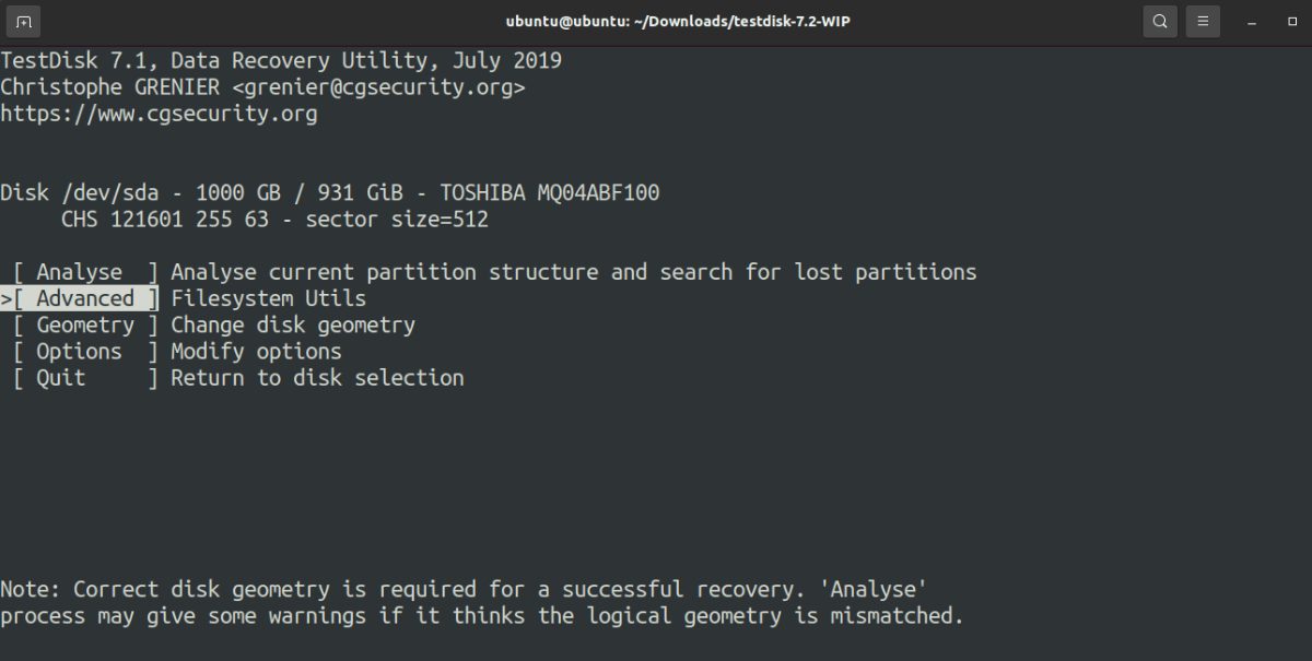Choose recovery options in TestDisk on Linux