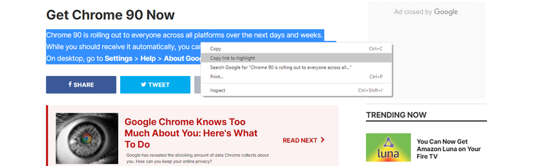 Chrome 90 copy link to highlight feature