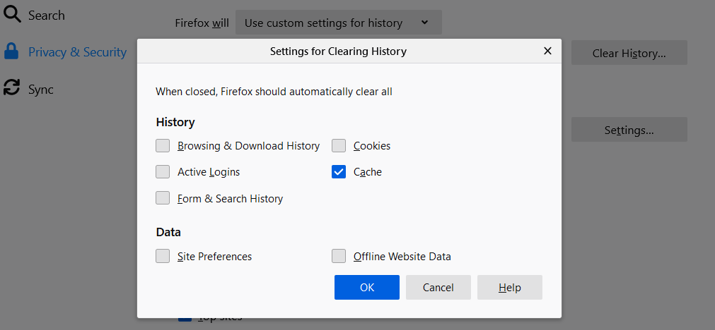 Firefox clear cache when closed