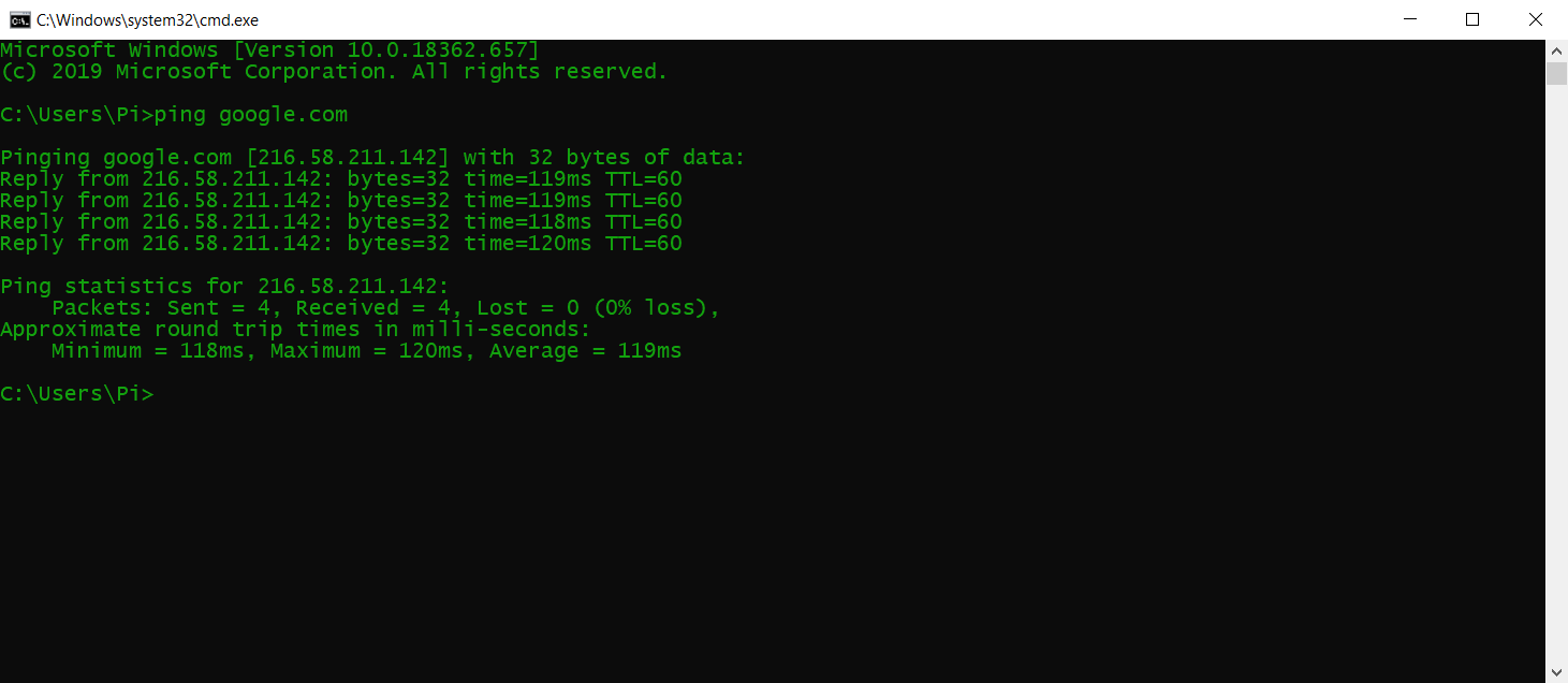 دستور ping در Command Prompt اجرا می شود.