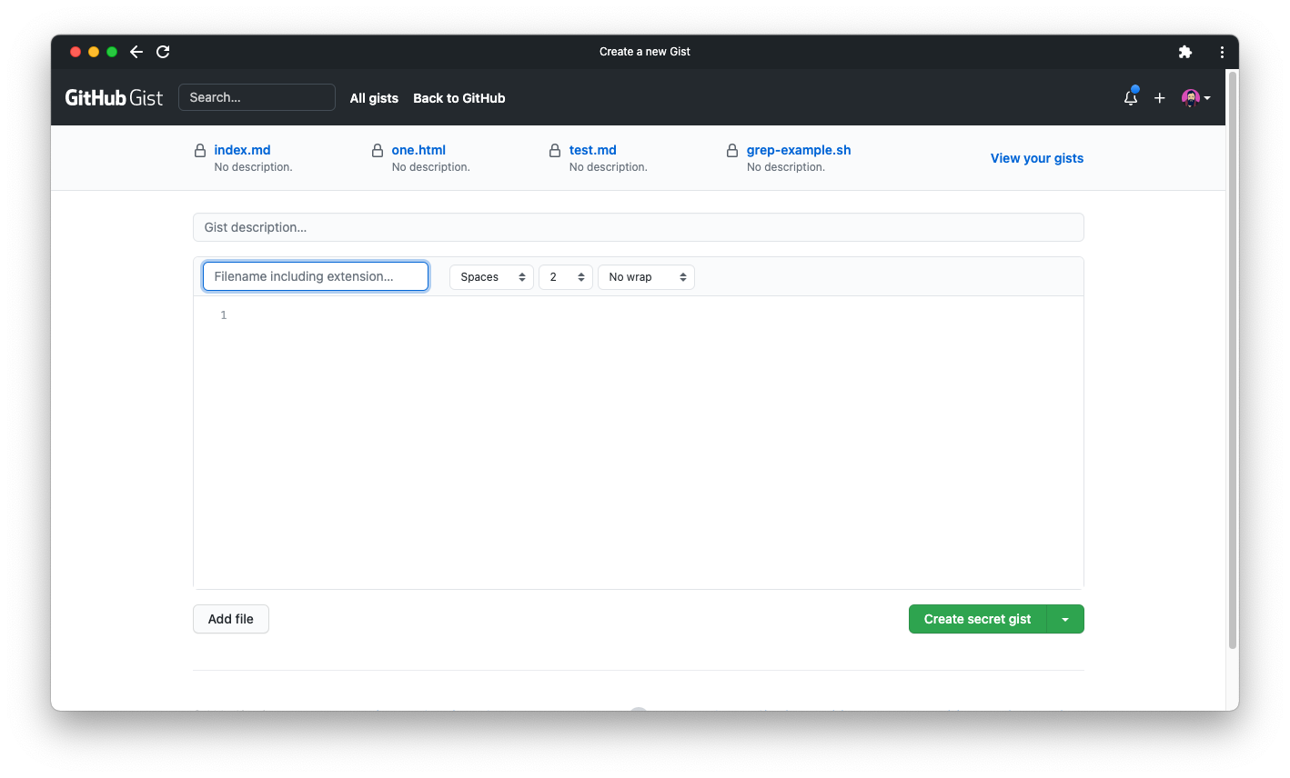 A screenshot of the main GitHub Gist page with a form for creating a new gist