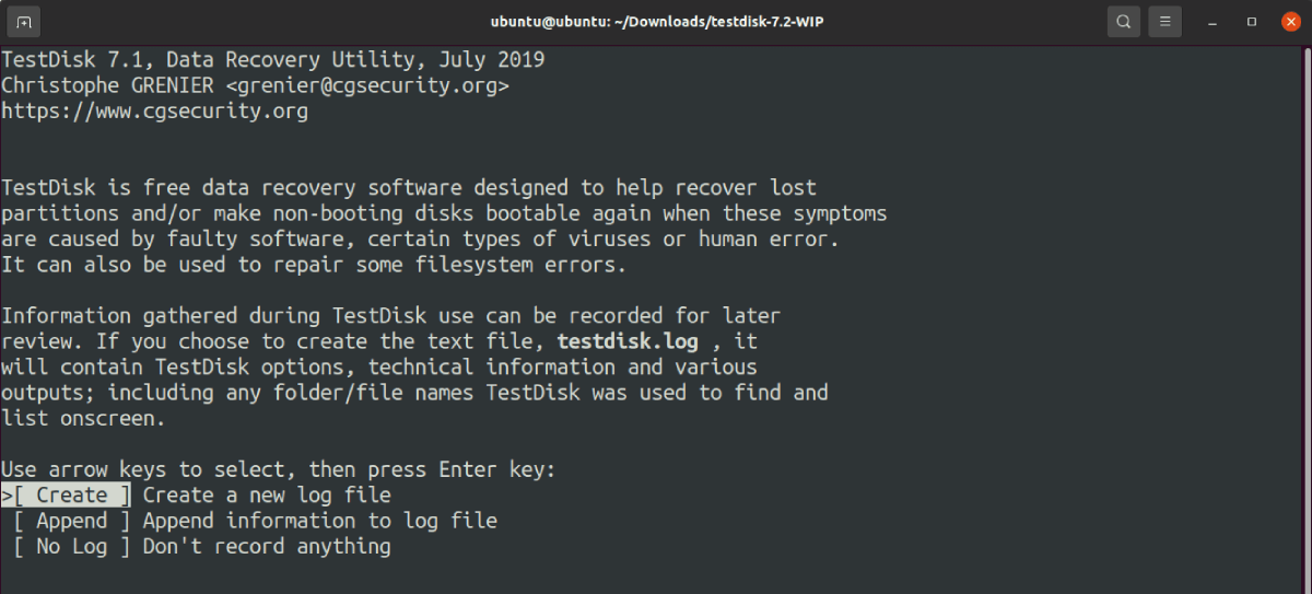 Create a log file in TestDisk on Linux