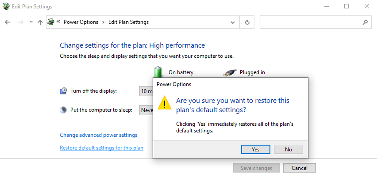 Restoring default power settings in Windows 10