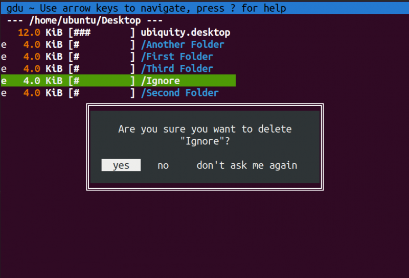 delete folder with gdu linux e1620392082703 - Come analizzare l’utilizzo del disco con gdu in Linux