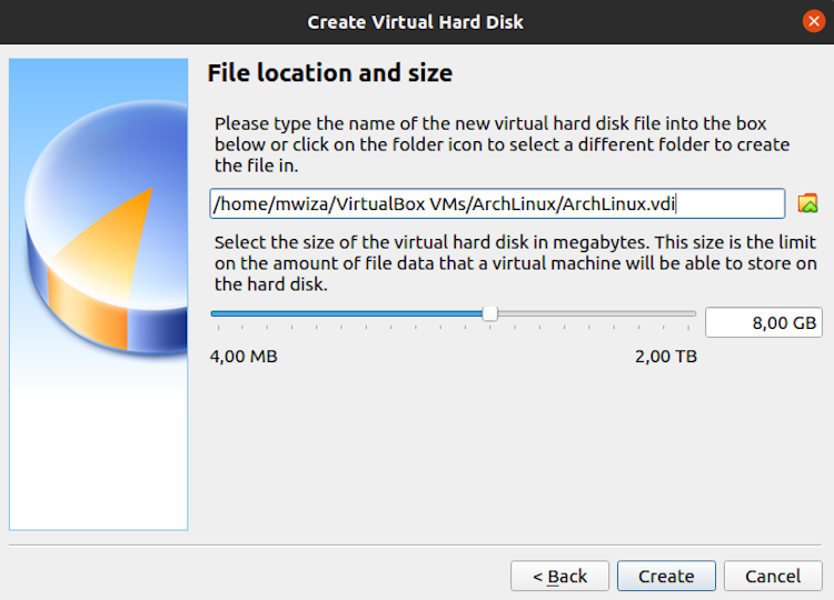 disk size allocation screen in virtual box