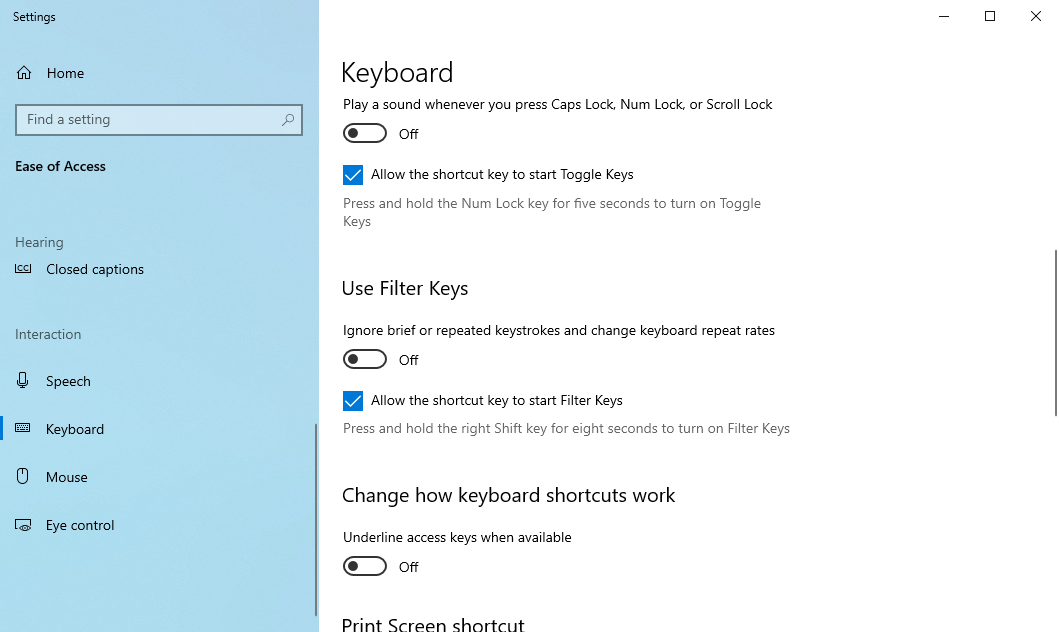 ease off access keyboard settings