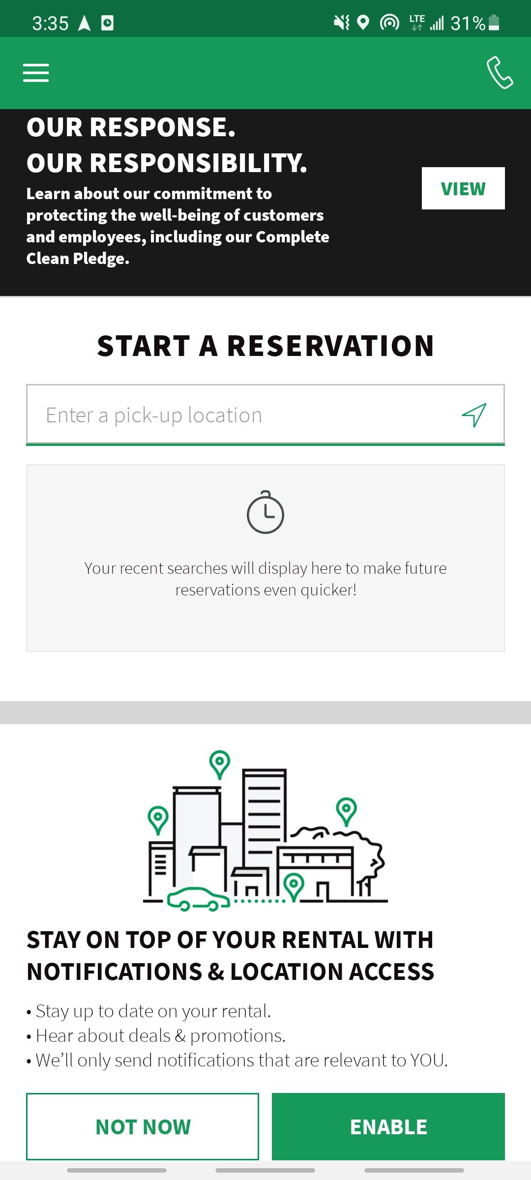 enterprise app starting a car rental reservation