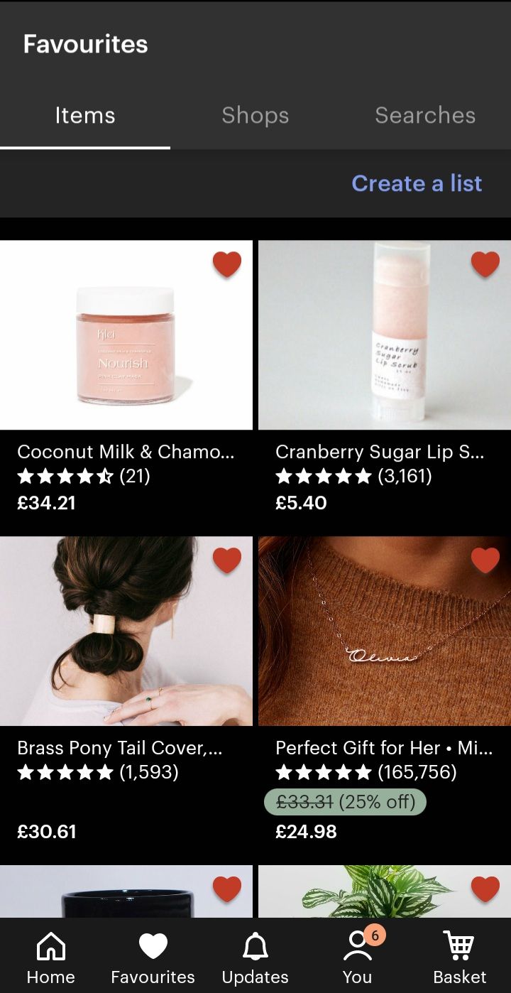 Screenshot of Etsy favourites page