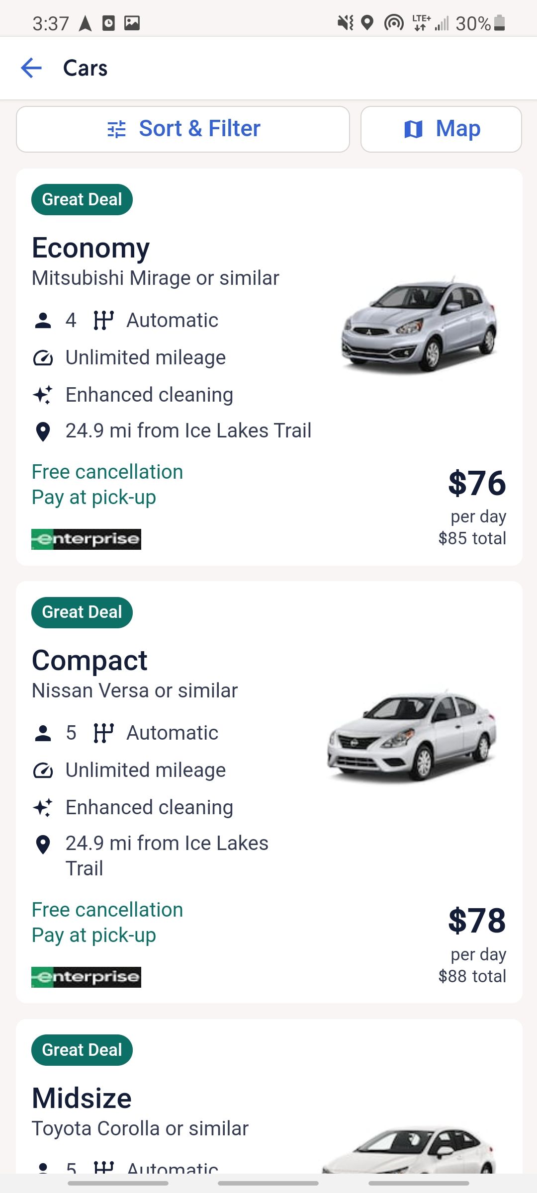 expedia app choosing a car rental