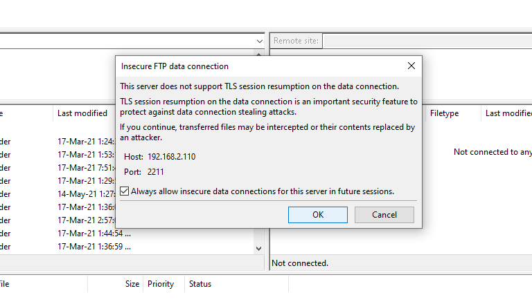 FileZilla's insecure connection prompt