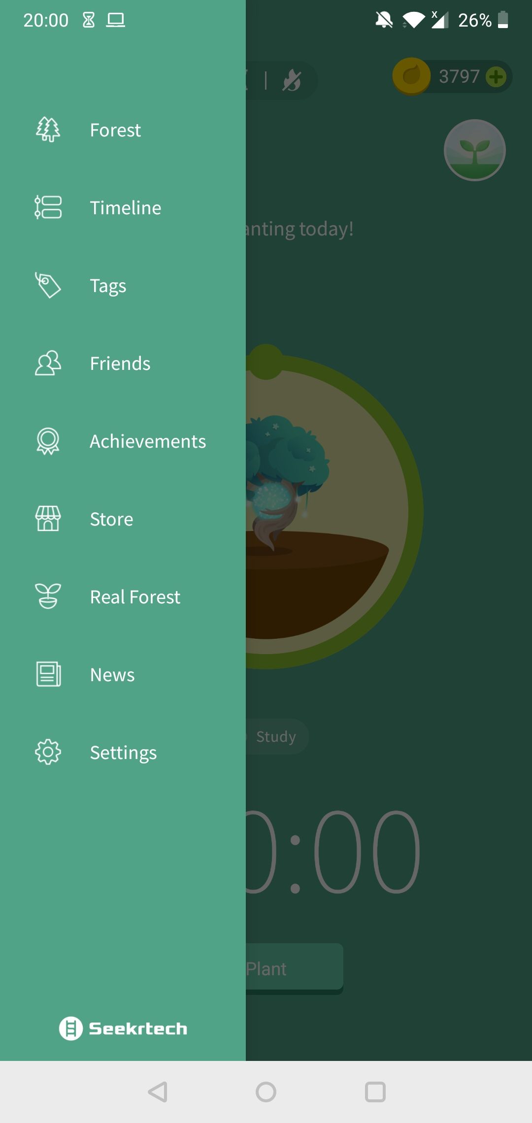 The menu on Forest for Android