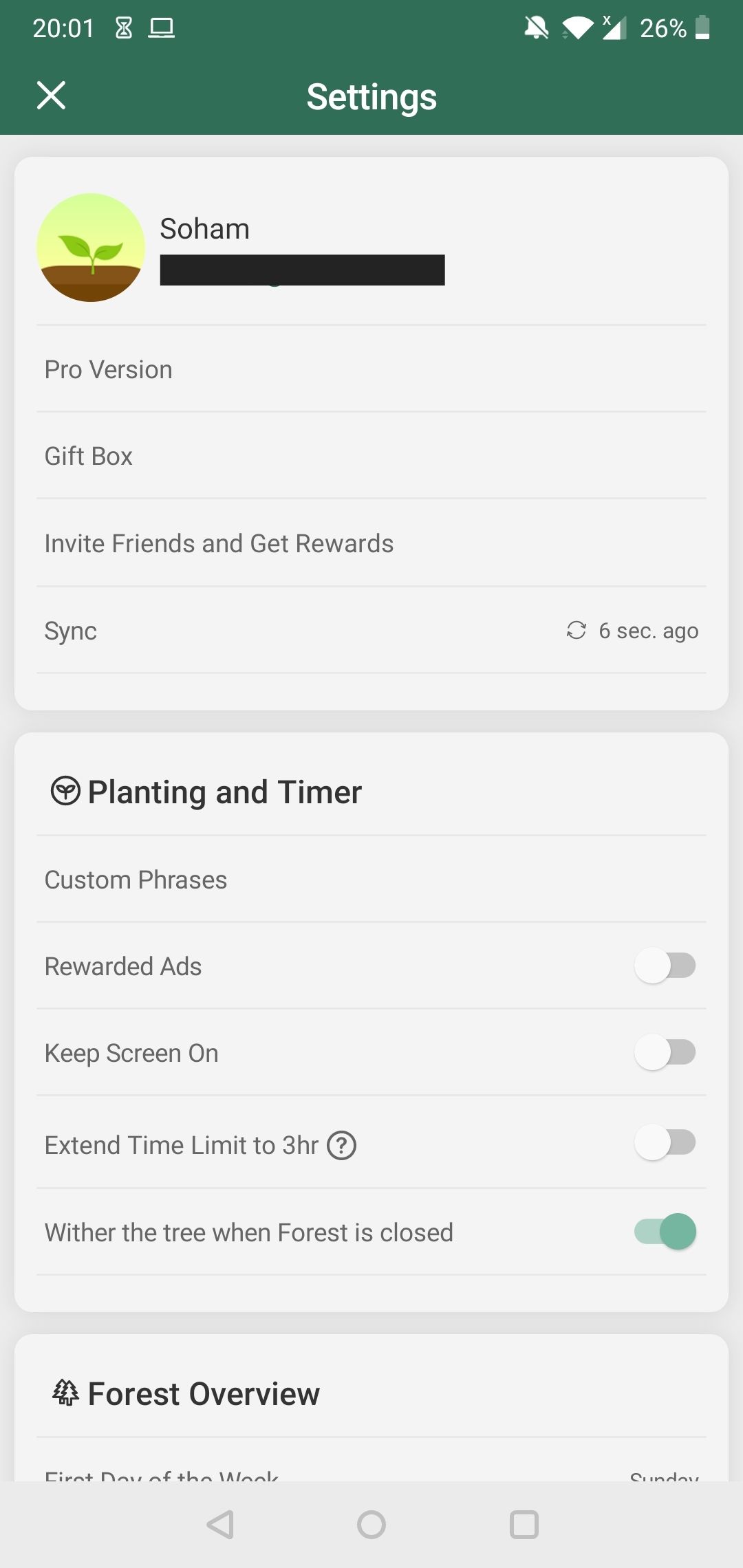 The settings page on Forest for Android