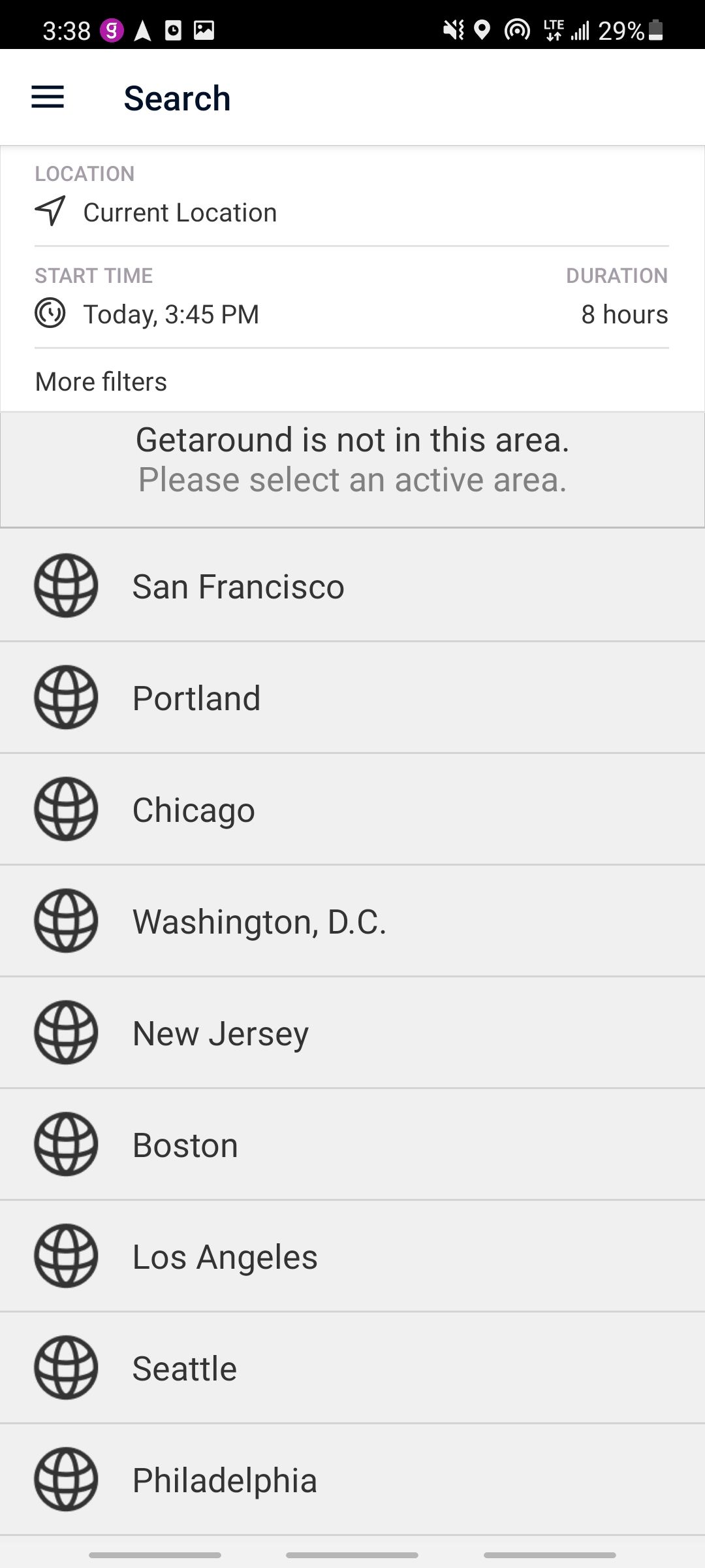getaround search screen app only available in select cities
