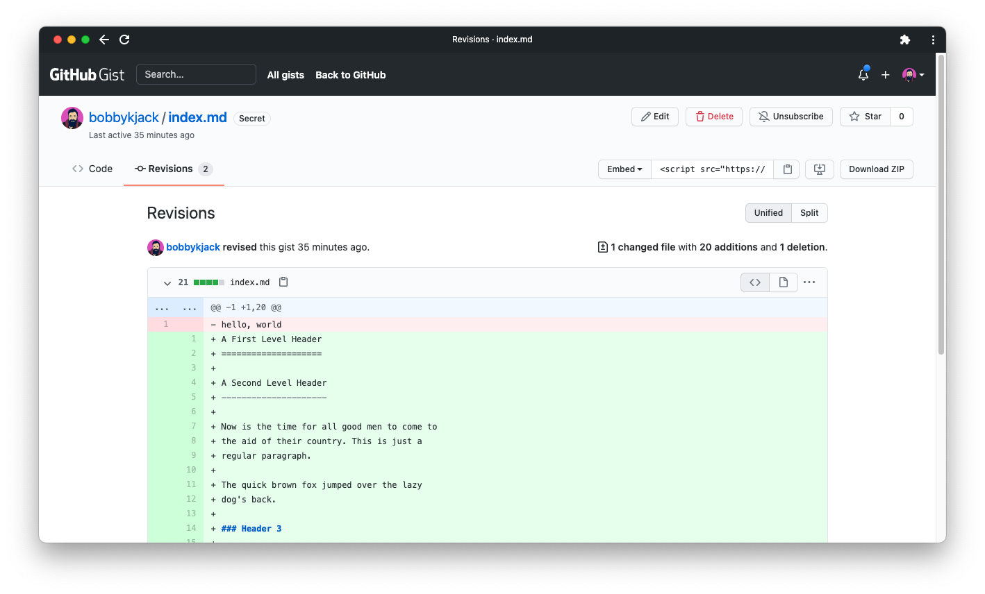 A screenshot of the GitHub Gist site showing revisions of a gist