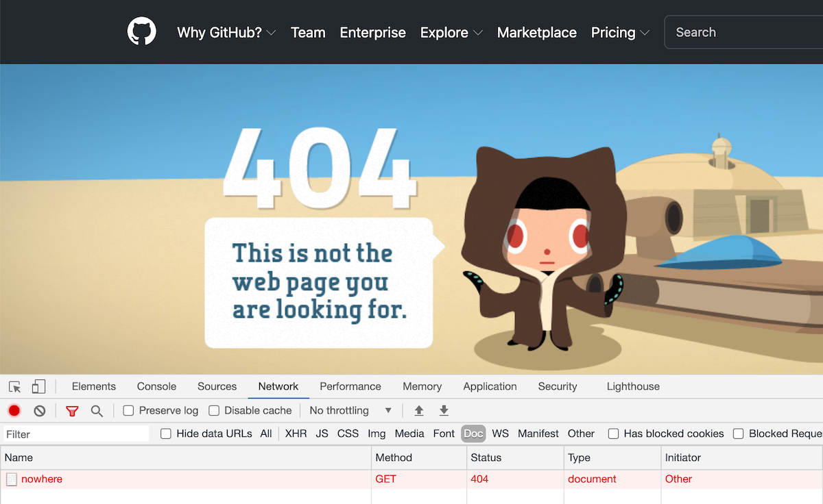 A screenshot of GitHub's 404 page showing the HTTP status code in the browser's developer tools