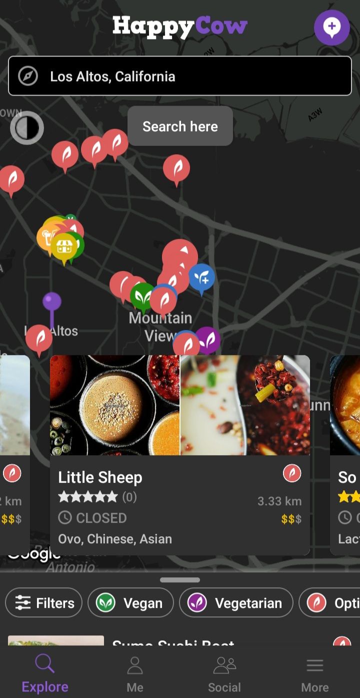 happycow restaurant selection screenshot