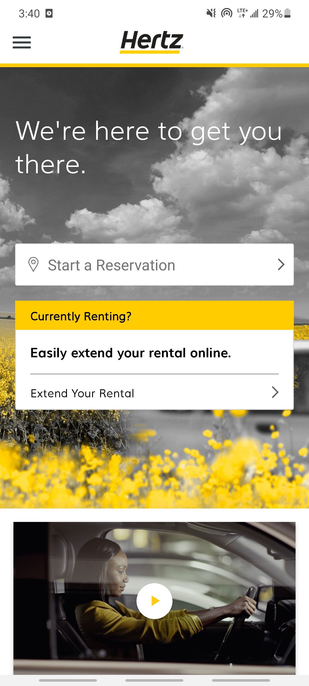 hertz car rental app home screen