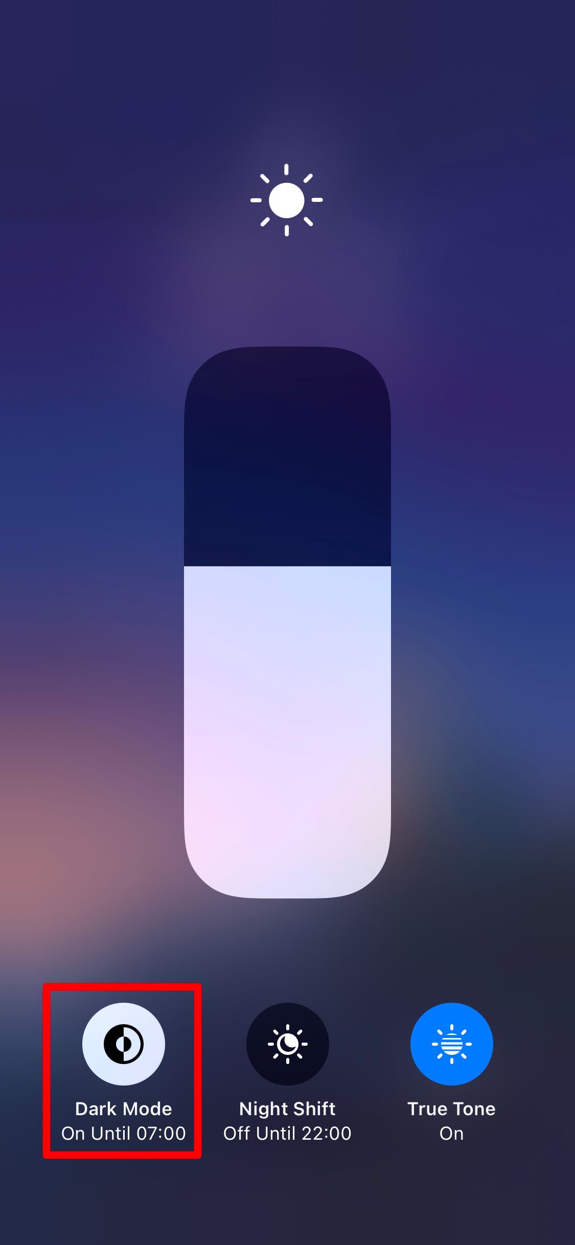 iPhone Control Center showing Dark Mode toggle