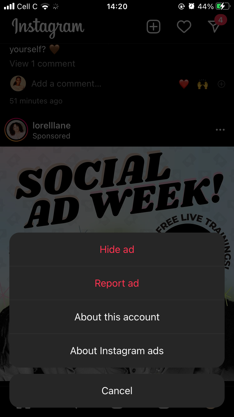 instagram hide ad