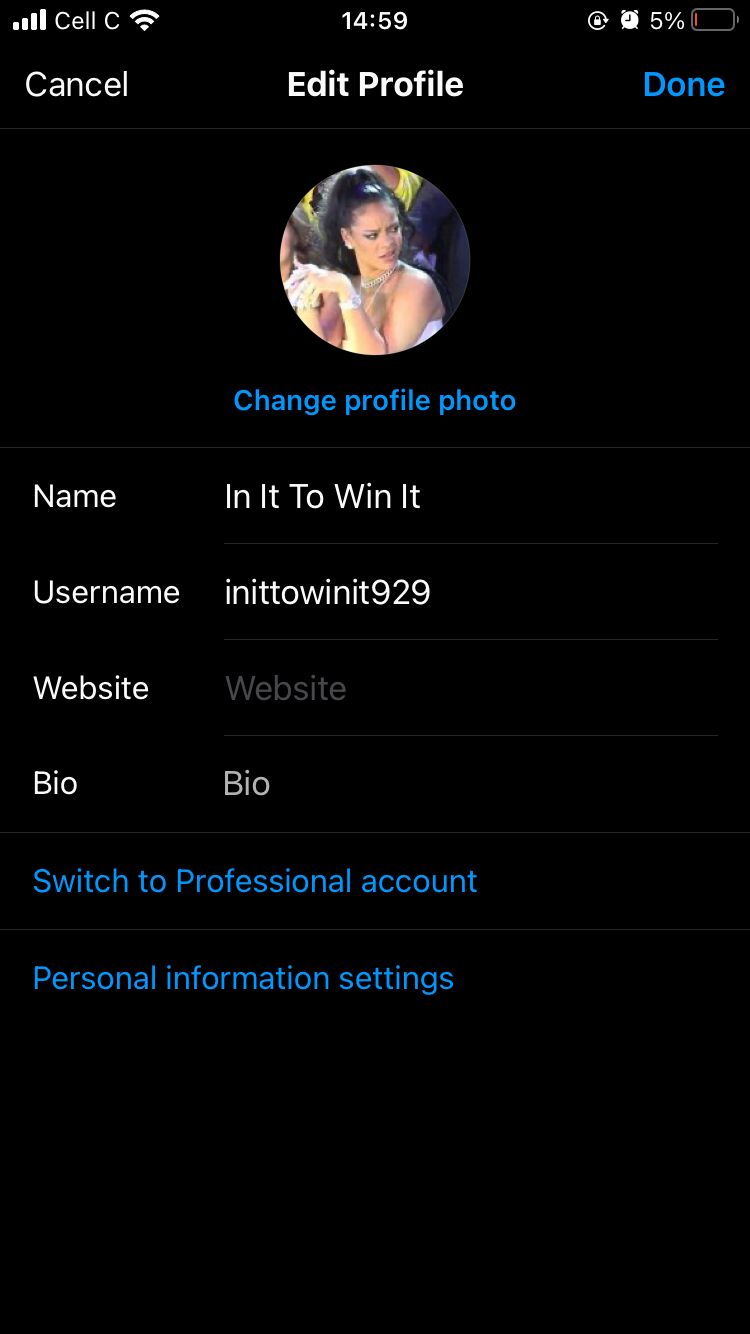 Screenshot of Instagram personal profile