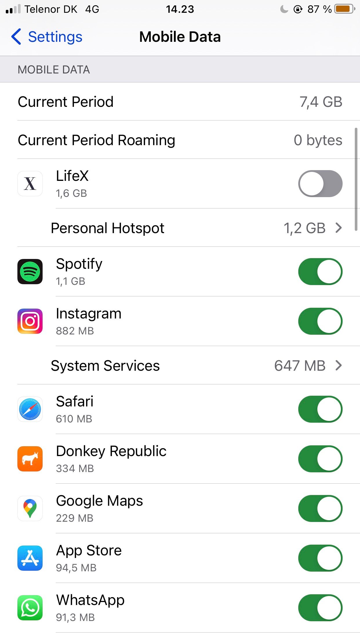 screenshot showing mobile data