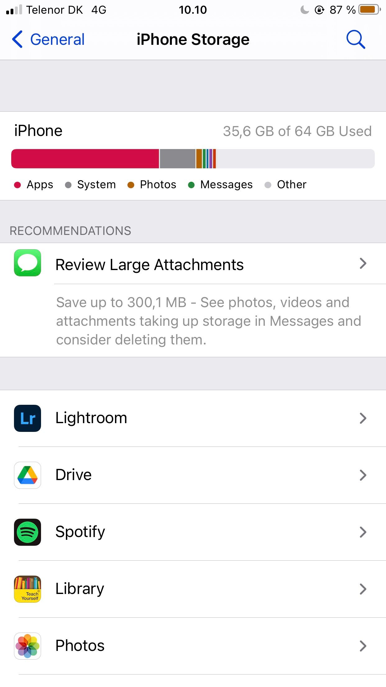 Screenshot showing storage tab on iPhone