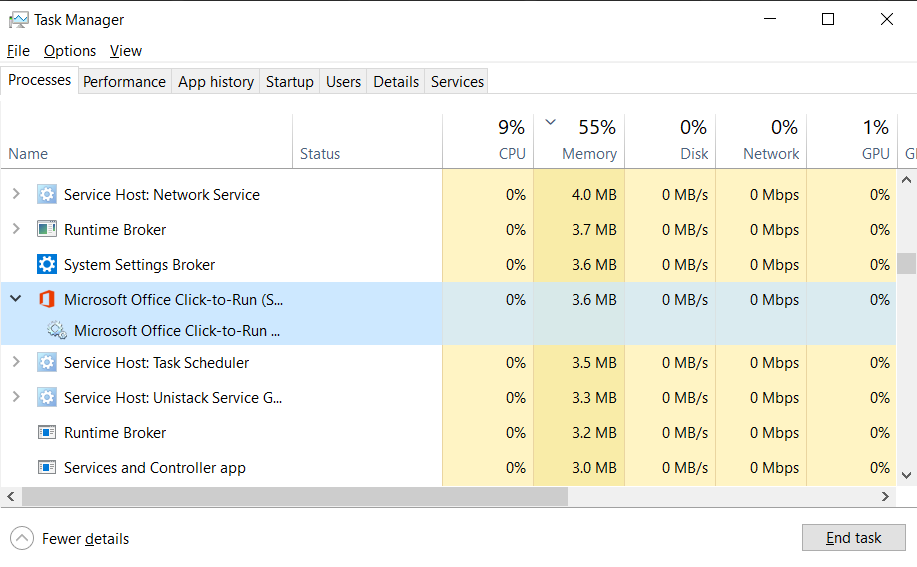 An Office processes in Task Manager.