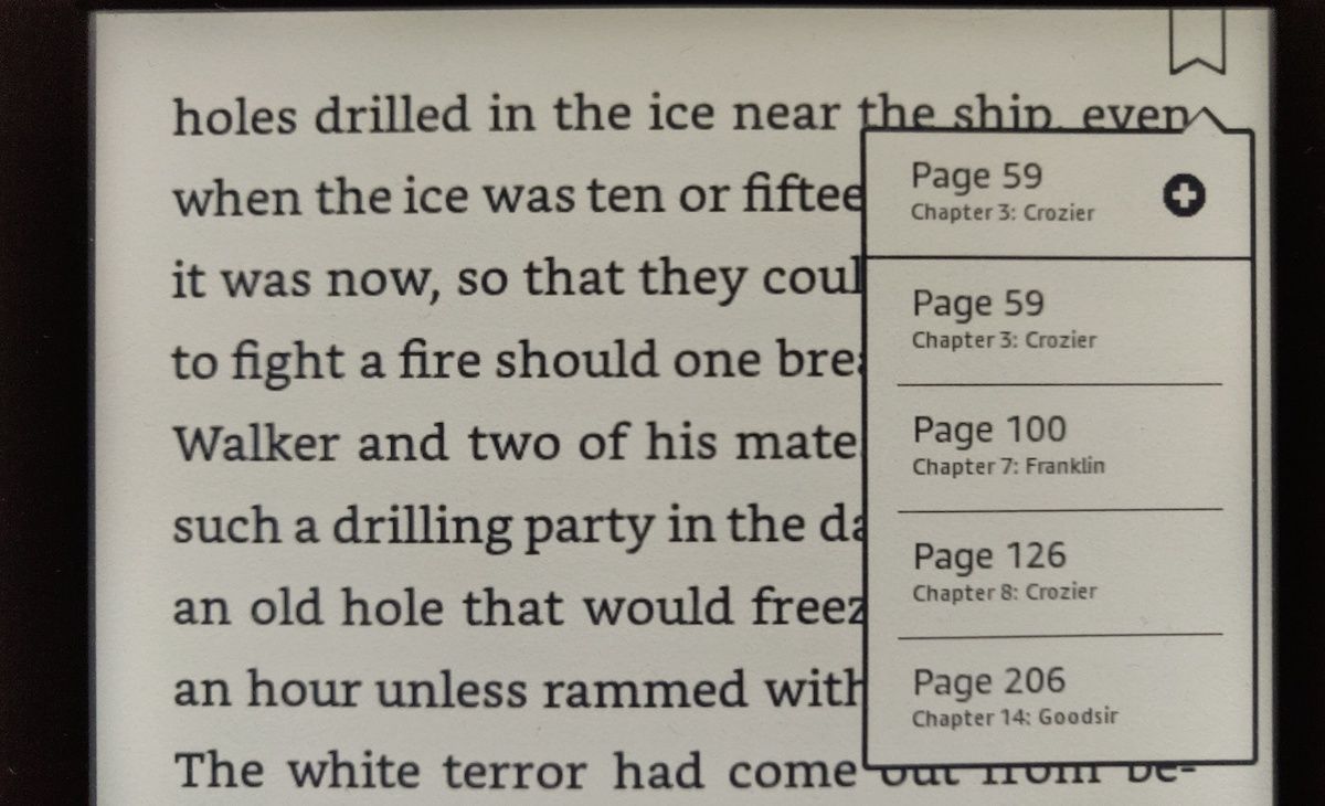 The Kindle bookmark menu with multiple bookmarks.